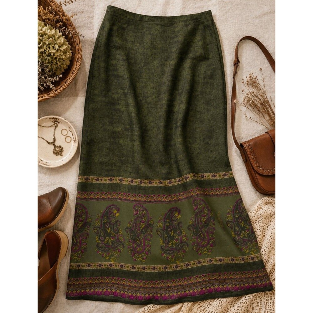 Vintage Valerie Stevens Petite 100% Silk Paisley Midi Skirt Olive Green Boho 8P